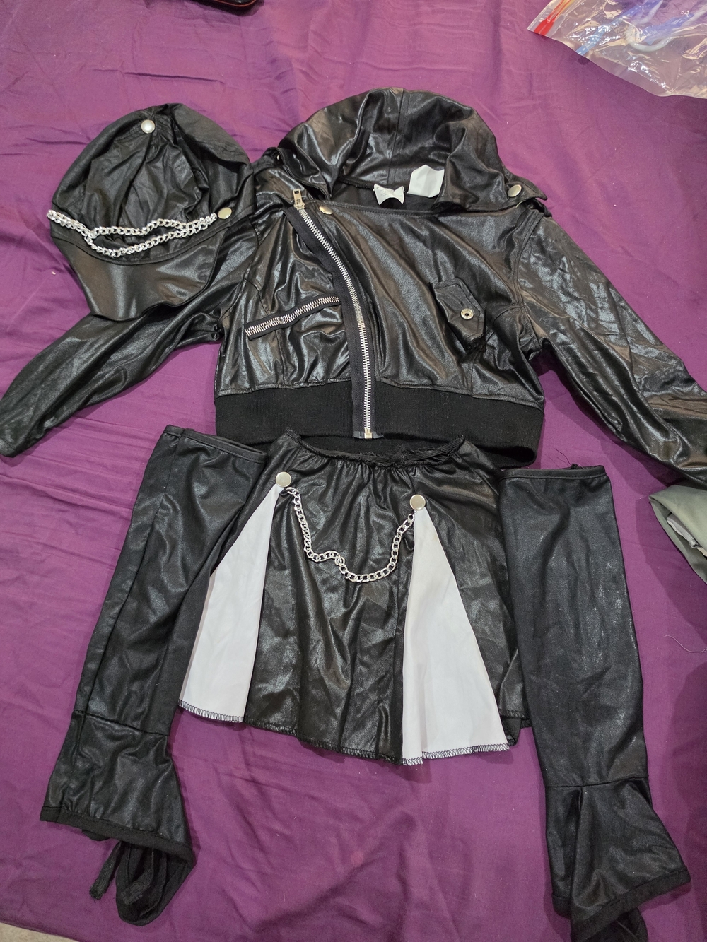 Black Faux Leather Women's Jacket & Skirt Set with Chain Detail Size Small 4/6